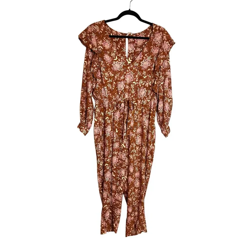 NWOT Free people lux floral jumpsuit ruffle brown pink Sz S